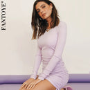 FANTOYE Cotton Full Sleeve Dress 2020 Autumn New Women Fold Ruched Drawstring Slim Mini Dress Casual Streetwear O-Neck Dresses