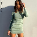 FANTOYE Cotton Full Sleeve Dress 2020 Autumn New Women Fold Ruched Drawstring Slim Mini Dress Casual Streetwear O-Neck Dresses