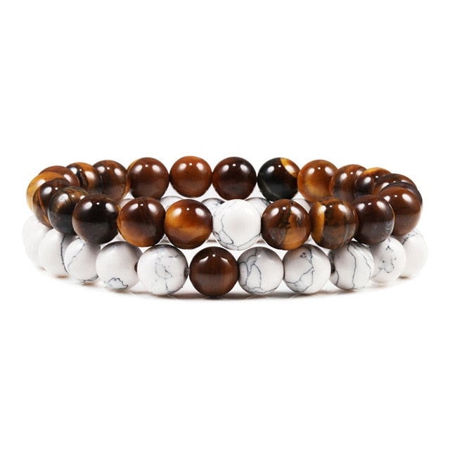 2pcs/set Bead Bracelet Natural Tiger Stone Charm Onyx Beaded Couple Distance Bracelets for Women Men Friend Gift Stretch Jewelry