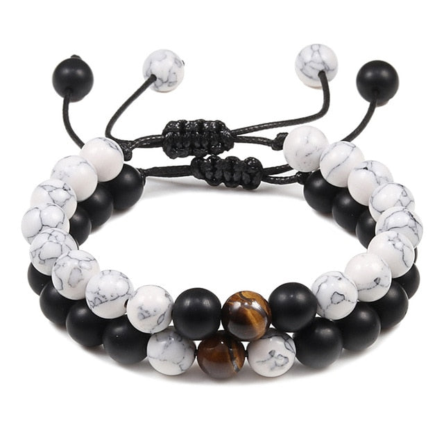 2pcs/set Bead Bracelet Natural Tiger Stone Charm Onyx Beaded Couple Distance Bracelets for Women Men Friend Gift Stretch Jewelry