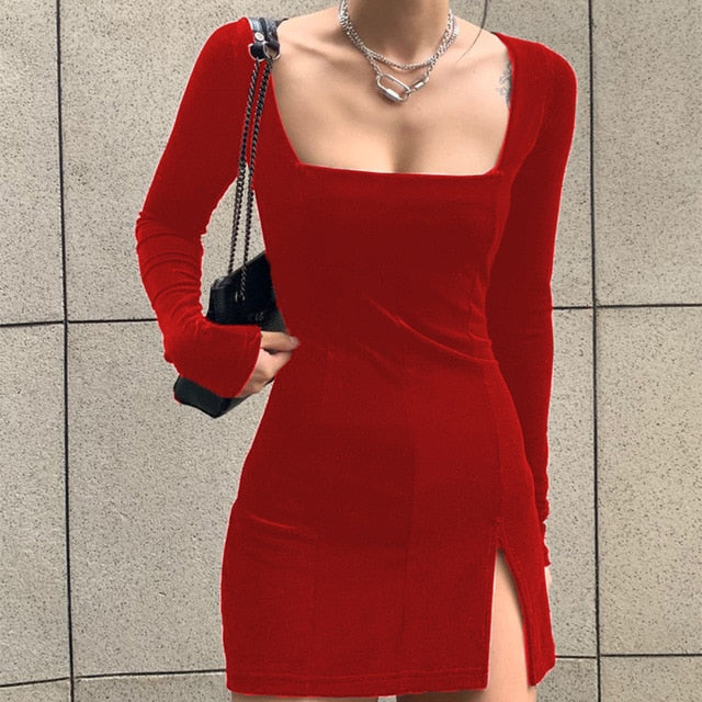 SUCHCUTE vestido de terciopelo para mujer bodycon Modis soild Otoño Invierno 2020 elegante split Femme vestidos de fiesta de manga larga ropa gótica