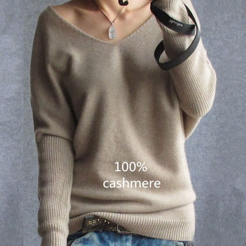 Suéteres de Cachemira para primavera y otoño, jersey con cuello en V sexy a la moda para mujer, tops de punto de talla grande con manga de murciélago de lana holgada de 100%