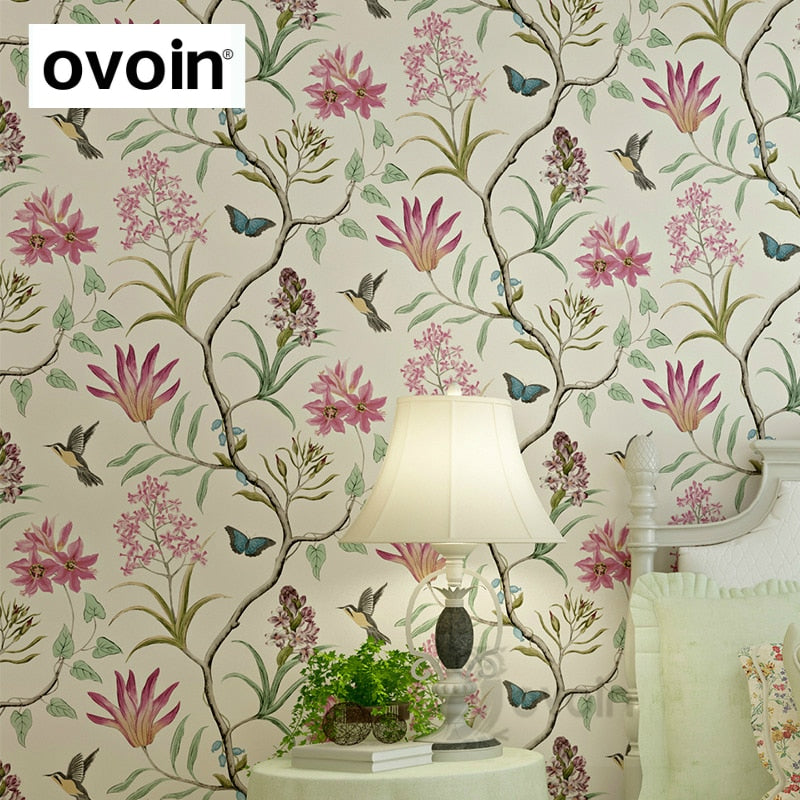 Papel tapiz chinoiserie, revestimiento de paredes del dormitorio, papel tapiz floral rosa vintage moderno, papel de pared de flores de pájaros y mariposas tropicales azules
