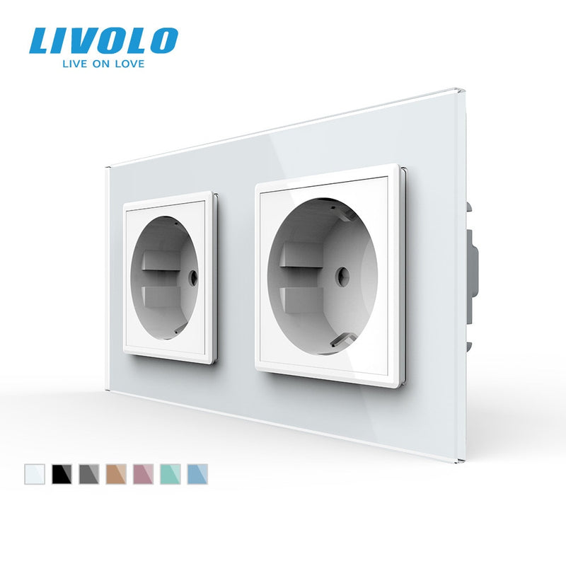Toma de corriente de pared estándar Livolo EU, panel de cristal de 4 colores, fabricante de toma de pared 16A, C7C2EU-11/12/13/15