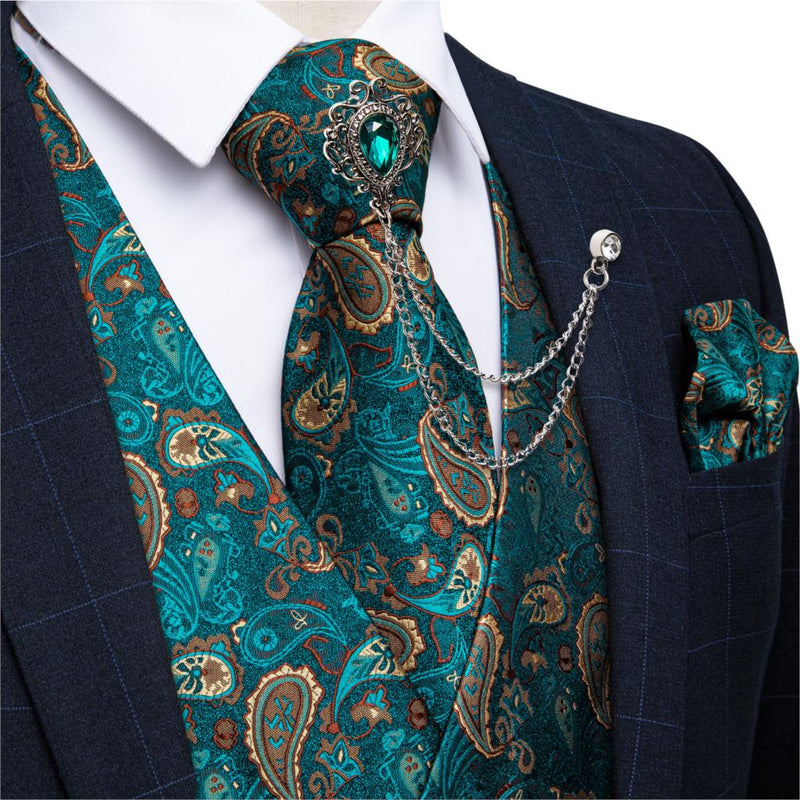 New Teal Green Paisley 100% Silk Formal Dress Vest Men Waistcoat Vest Wedding Party Vest Tie Brooch Pocket Square Set DiBanGu