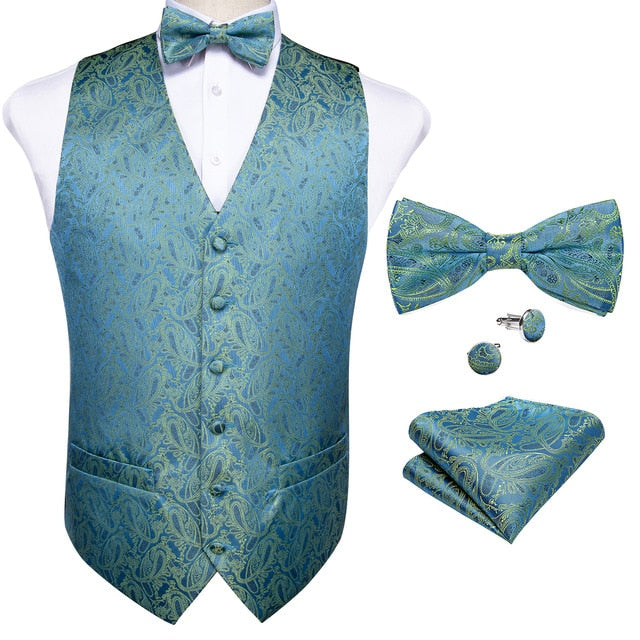 New Teal Green Paisley 100% Silk Formal Dress Vest Men Waistcoat Vest Wedding Party Vest Tie Brooch Pocket Square Set DiBanGu