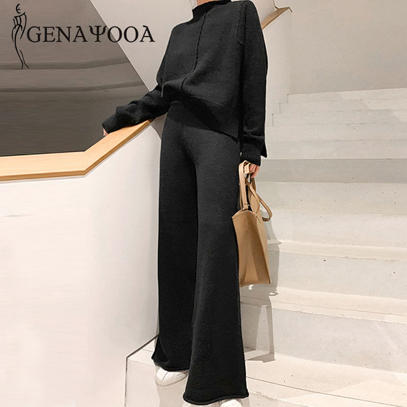 Conjunto de dos piezas Genayooa, suéter, chándal, pantalones de pierna ancha de punto de cintura alta para mujer, conjunto de 2 piezas para mujer, invierno 2020