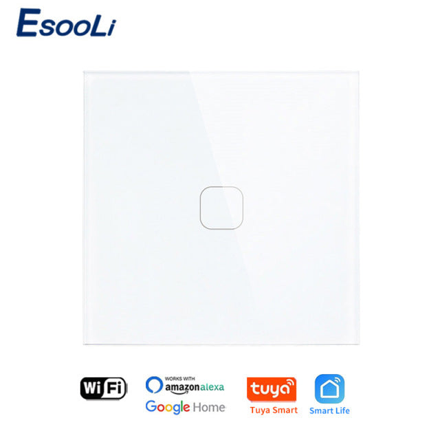 EsooLi Tuya Smart Life Glass Panel EU/UK Standard Touch Switch Zero/Single Fire Line Voice Control Light Wireless Wall Switch