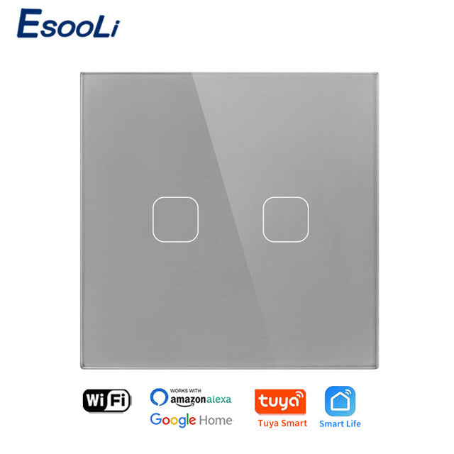 EsooLi Tuya Smart Life Glass Panel EU/UK Interruptor táctil estándar Zero/Single Fire Line Control de voz Interruptor de pared inalámbrico