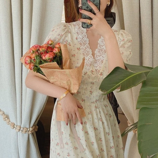 Vestido Vintage Floral para mujer, elegante vestido de fiesta coreano de chifón con encaje, vestido Midi con cuello de pico y mangas abullonadas, vestidos de otoño para mujer 2021