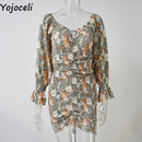 Yojoceli sexy floral print shirred dress women square neck long sleeve slim mini dress chiffon dress