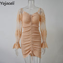 Yojoceli sexy floral print shirred dress women square neck long sleeve slim mini dress chiffon dress