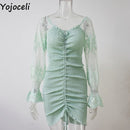 Yojoceli sexy floral print shirred dress women square neck long sleeve slim mini dress chiffon dress