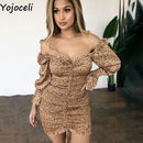 Yojoceli sexy floral print shirred dress women square neck long sleeve slim mini dress chiffon dress