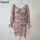 Yojoceli sexy floral print shirred dress women square neck long sleeve slim mini dress chiffon dress