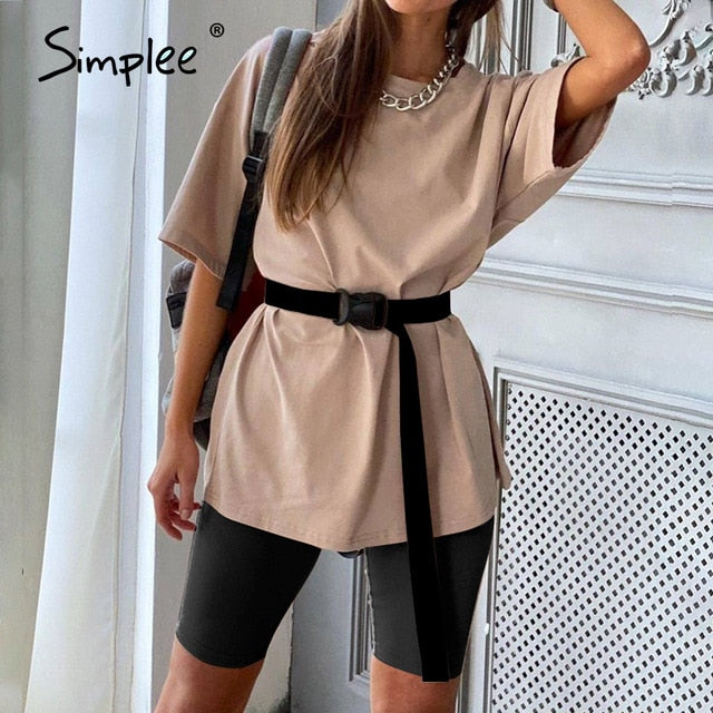 Simplee Casual Solid Outfits Women's Two Piece Suit with Belt Home Loose Sports Tracksuits Fashion Bicycle Summer Hot Suit 2020