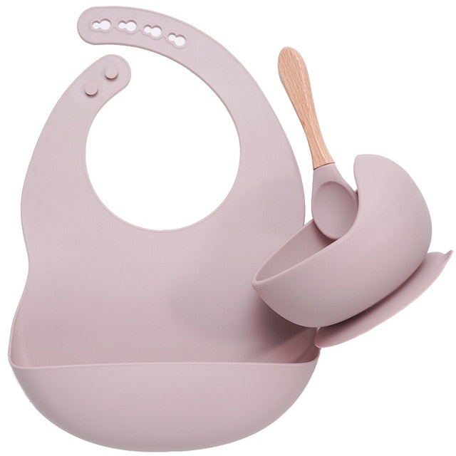 Vajilla de silicona para bebé sin BPA, babero impermeable, toalla Flexible para Saliva, cuenco y cuchara con ventosa de Color sólido para niños