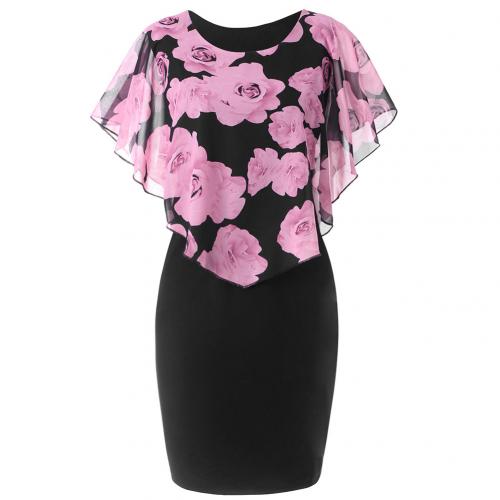 Plus Size Womens Dress Elegant Office Lady Rose Flower Print Cape Bodycon Knee Length Dress