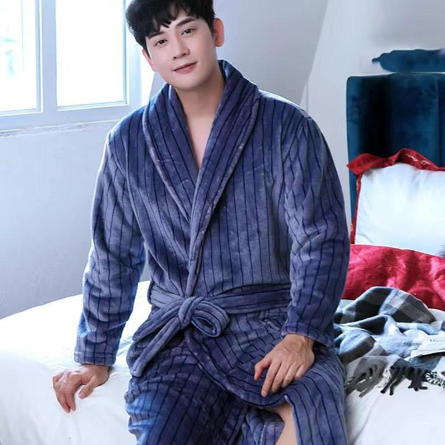 Albornoz tipo Kimono informal para hombre, bata larga de franela para otoño e invierno, ropa de dormir gruesa y cálida, camisón de talla grande 3XL, ropa de casa holgada para hombre