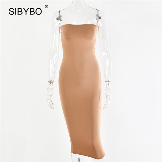 Sibybo schulterfrei trägerlos sexy Frauen Kleid ärmellos gerade langes figurbetontes Kleid rückenfreies lässiges Sommerfestkleid Frauen