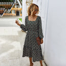 Frauen-langes Kleid-Herbst-Winter-lange Hülsen-elegante Damen-Blumen-Quadrat-Kragen-Kleid-Partei 2020 schwarze Kleidung für Frau