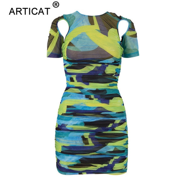 Articat Print aushöhlen gerafftes Kleid für Frauen O-Ausschnitt Kurzarm figurbetontes Minikleid Damen Streetwear elegante Party Vestidos