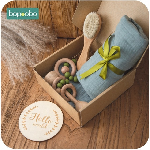 Bopoobo 1Set Badespielzeug Set Kid Swaddle Wrap Baby Meilensteine ​​Pinsel Rassel Armband Lätzchen Fotozubehör Geburtsgeschenk Produkt
