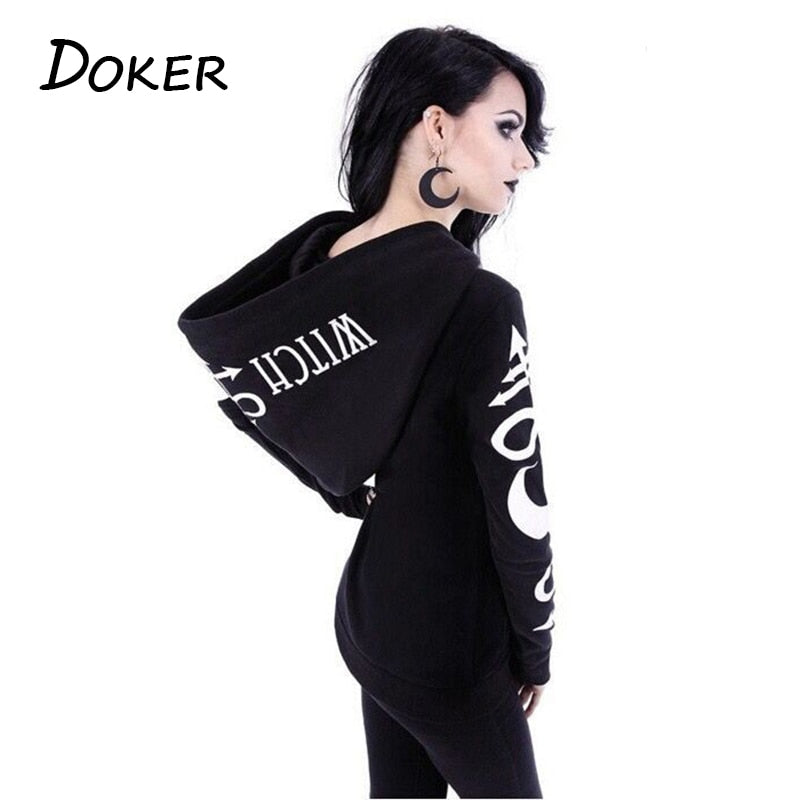 Women Hoodies Gothic Punk Moon Letter Print Sweatshirts 2020 Autumn Winter Long Sleeve Black Jacket Zipper Coat Casual Hoody 5XL