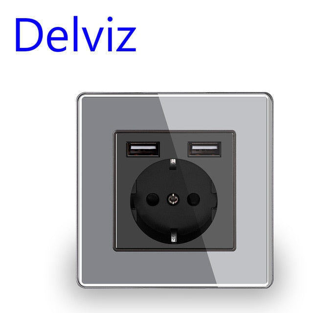 Toma de corriente USB de pared Delviz, muchos paneles de estilo nuevo, toma de dormitorio, AC 110V-250V 16A integrado en la pared, salida estándar USB doble de la UE