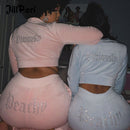 JillPeri Winter Velvet Crop Jacket and Tracksuit Joggers Two Piece Set with Diamante Rhinestones Jogging Suits for Women