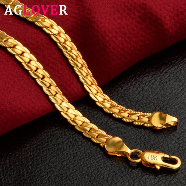 AGLOVER 925 Plata de Ley 20 pulgadas 18k oro 6mm collar de cadena lateral completa para mujer hombre joyería de moda collar con abalorio regalo