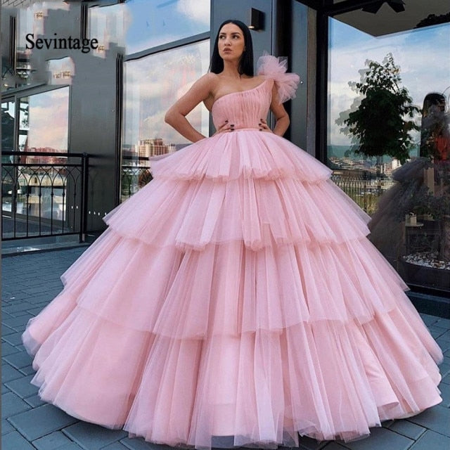 Sevintage Pink One Shoulder Quinceanera Dress Dubai Ball Gown Tiered Pleats Long Formal Prom Gowns Saudi Arabic Sweet 16 Dresses