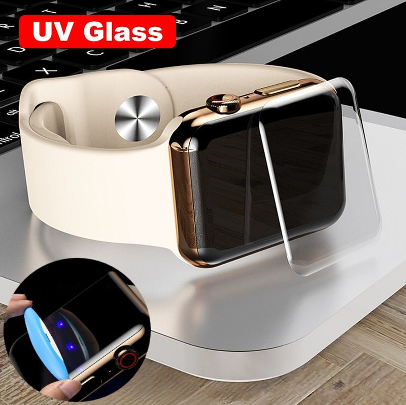 3D Curved Full Cover Film für Apple Watch Series SE 6 4 5 40 mm 44 mm Displayschutzfolie Vollkleber UV-Glas für Series 1 2 3 38 42 mm