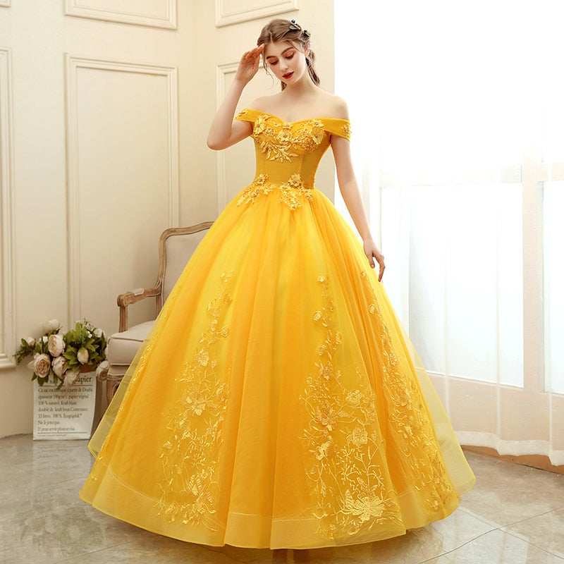 Quinceanera Dresses 2020 New Gold Party Dress Off The Shoulder Ball Gown Sweet Floral Print Prom Formal Vestido De Quincenera