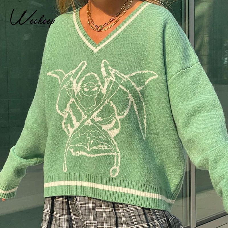Weekeep Y2K Chic Print Streetwear Oversized Sweater Women's Casual Autumn Winter Knitted Jumper Fashion Loose Knitwear Pullovers