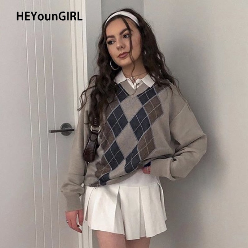 HEYounGIRL estilo pijo Vintage cuello en V suéter mujer otoño Casual Argyle Plaid Y2K Jumper mujer moda coreana pulóver invierno