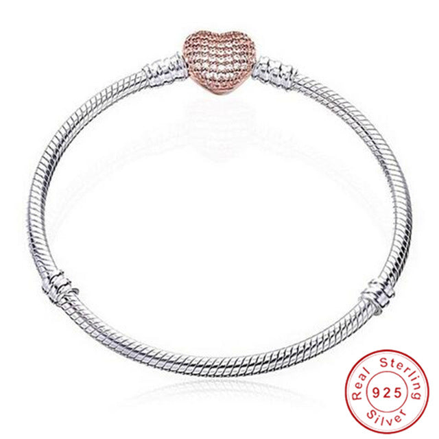 Original 925 Sterling Silver Snake Chain Bracelet Secure Heart Clasp Beads Charms Bracelet For Women DIY Jewelry Making