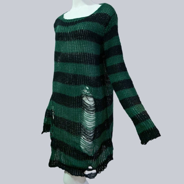 Plus Size Punk Gothic Long Unisex Sweater Dress Cool Hollow Out Hole Broken Jumper Loose Rock Thin Sweter 2020 Women Man Striped