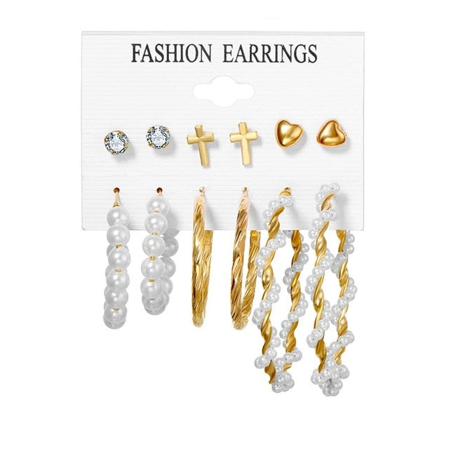 FNIO, conjunto de pendientes para mujer, pendientes de perlas para mujer, joyería de moda Bohemia 2020, pendientes geométricos con pasador de corazón de cristal