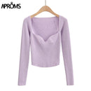Aproms Sexy Square Neck Ribbed Knitted Sweater Women Casual Long Sleeve High Stretch Pullovers Streetwear White Soft Basic Top