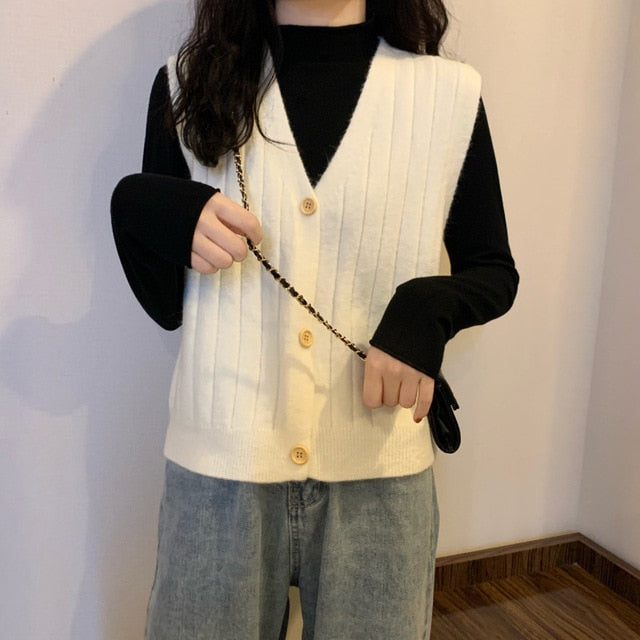 Suéter de punto con cuello en V Vintage para mujer, jersey sin mangas, suéter elástico, chaleco de punto de gran tamaño informal holgado para mujer 2020