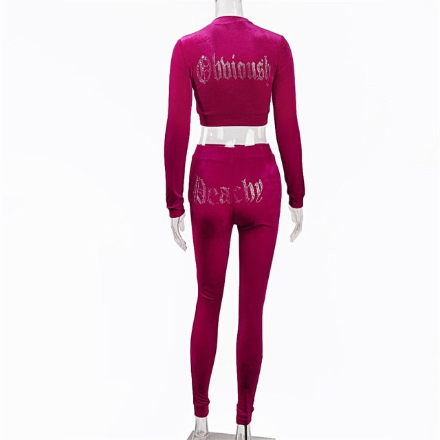 JillPeri Winter-Samt-Crop-Jacke und Trainingsanzug-Jogginghose, zweiteiliges Set mit Diamante-Strass-Jogginganzügen für Frauen