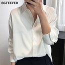 BBTEEVER 2020 New Chic Women Satin Shirts Long Sleeve Solid Turn Down Collar Elegant Office Ladies Workwear Blouses Female