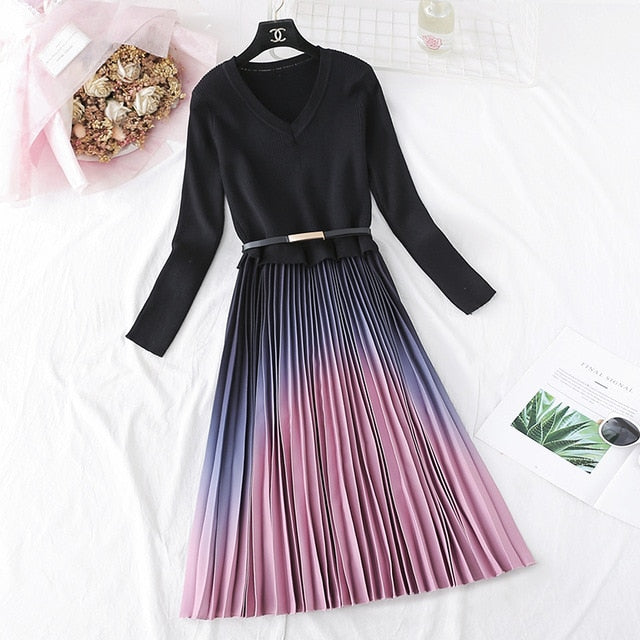 Autumn Winter Elegant Knitted Patchwork Gradient Pink Pleated Dress Women Long Sleeve Office One-Piece Sweater Dress With Belt