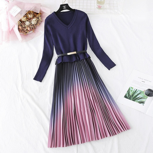 Herbst-Winter-elegantes gestricktes Patchwork-Farbverlauf-Rosa-Plissee-Kleid-Frauen-langärmliges Büro-einteiliges Pullover-Kleid mit Gürtel