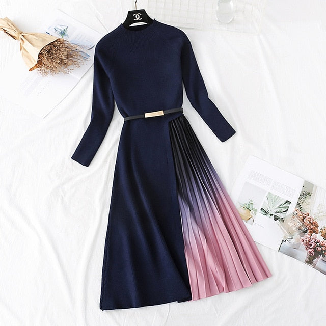 Herbst-Winter-elegantes gestricktes Patchwork-Farbverlauf-Rosa-Plissee-Kleid-Frauen-langärmliges Büro-einteiliges Pullover-Kleid mit Gürtel