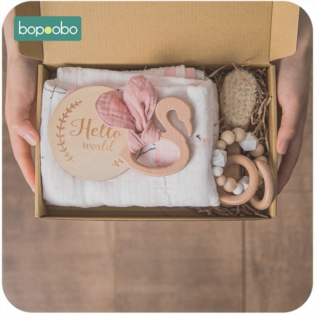 Bopoobo 1Set Badespielzeug Set Kid Swaddle Wrap Baby Meilensteine ​​Pinsel Rassel Armband Lätzchen Fotozubehör Geburtsgeschenk Produkt