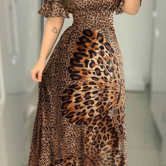 Schulterfrei Partykleider Frauen Dame Ruffle Leopard Print Flare Langes Sommerkleid Sexy Damen Riemchen Slash Neck Vestido