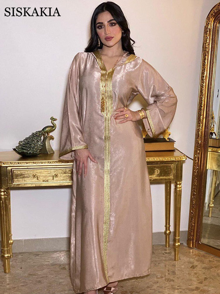 Siskakia Dubai árabe musulmán Abaya vestido para mujeres otoño 2020 champán marroquí Kaftan con capucha túnica turca islámica Jalabiya