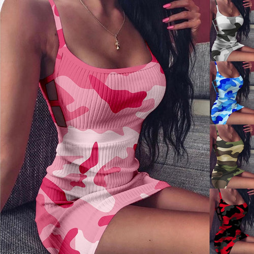 Plus Size5xl Sexy Bodycon Mini Dress for Women Summer 2020 Party Club Camouflage Slim Dress Hollow Knitted Wrap Dresses Camisole